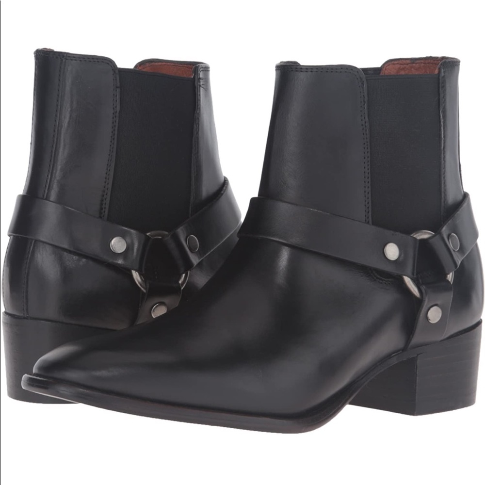 Frye Black Leather Harness Dara Chelsea Ankle Boots